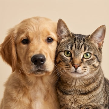 A golden retriever and tabby cat looking forward together